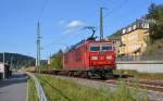 Mit einem langen Containerzug rollt 180 015 am Abend des 01.07.13 durch Knigstein Richtung Dresden.