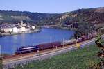 181 001 mit einem Zug nach Apach, aufgenommen bei Nittel an der Obermosel, 28.07.2002.