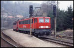 171014 und 171009 warten am 27.3.199 im Bahnhof Rübeland auf die Abfahrt in Richtung Blankenburg.