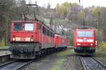 Seltenes Zusammentreffen in Rbeland. Im Rahmen der Testfahrten der BR 185 und BR 189 auf der Rbelandbahn trafen am 04.11.2004 die 171 003, 185 079 und 189 048 zusammen.