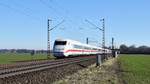 DB Fernverkehr Tz 209  Riesa , mit Steuerwagen 808 045 voraus, (Triebkopf 402 009) und Tz 210  Fontanestadt Neuruppin (Triebkopf 402 010) als ICE 652/642 Berlin Ostbf - Köln Hbf bzw. Düsseldorf Hbf (Probsthagen, 27.02.19).