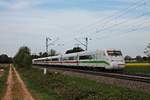 Nachschuss auf 808 009-5  Riesa , als dieser am späten Nachmittag des 21.04.2020 als ICE 376 (Basel Bad Bf - Frankfurt (Main) Hbf) südlich von Buggingen über die Rheintalbahn in