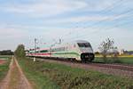 Als ICE 373 (Berlin Ostbahnhof - Basel Bad Bf) fuhr am Abend des 21.04.2020 der 808 029-3  Templin  südlich von Buggingen über die Rheintalbahn durchs Markgräflerland in Richtung