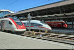 Eingekesselt vom Fernverkehr der SBB steht 403 536-6 (Tz 336  Ingolstadt ) als ICE 108 (Linie 43) nach Köln Hbf (D) in seinem Startbahnhof Basel SBB (CH) auf Gleis 12.