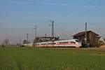 Nachschuss auf 403 516-8, der am 29.03.2014 als ICE 1102 auf dem Weg von Basel SBB nach Hannover Hbf unterwegs war und hier durch den Hp Auggen durchfuhr.