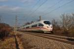 Nachschuss auf 406 051-3  Amsterdamm  und 403 028-4  Aachen  am 18.01.2014 als ICE 105/505 (Basel SBB - Köln Hbf/Amsterdam Centraal) südlich vom Hp Buggingen in Richtung Freiburg.