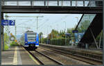 Insgesamt 8 Züge der BR 426 sind in blauer Lackierung auf der RB91 Aulendorf - Friedrichshafen im Einsatz. 426 542-7 der Bodensee-Oberschwaben-Bahn erreicht am 05.10.2023 Friedrichshafen Flughafen.