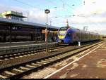 427 552 (Stadler Flirt) der cantus Verkehrsgesellschaft mbH als R8 von Kassel Hbf nach Göttingen steht im Bahnhof Eichenberg auf Gleis 4.