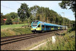 Eurobahn ET 8.09 hat hier am 14.9.2019 gerade den Bahnhof Hasbergen verlassen und ist am Ortsrand von Hasbergen um 14.30 Uhr nach Münster unterwegs.