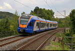 Mit dem Fahrrad von Kassel nach Halle (Saale) | Tag 1 Kassel–Witzenhausen  Strecken-km: 181,4    427 643-2 (427 552 | Stadler FLIRT) steuert den Hp Gertenbach auf Gleis 2 an.