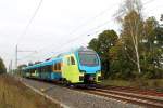 Der ET 413 der Westfalenbahn (94 80 1428 113-3 D-WFB) auf Testfahrt am 09.10.2015 in Nassenheide.