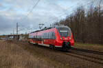 442 007 als RE7 Stralsund - Greifswald am 30.01.2023 in Teschenhagen (bei Stralsund).