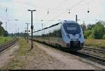 Nachschuss auf 1442 308 (Bombardier Talent 2) von DB Regio Südost als RB 16154 (RB51) von Lutherstadt Wittenberg Hbf nach Dessau Hbf, die den Bahnhof Meinsdorf auf Gleis 2 verlässt.