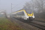 Ein nach Heilbronn fahrender RE10a ist hier im Nebel durch Neckargerach am Freitagmittag den 18.12.2020