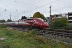 Am regnerischen und stürmischen Freitag den 18.10.2019 verlässt der Thalys 4306 Rheydt Hbf in Richtung Odenkirchen um nach Köln zu gelangen.