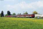 Beide Roten Heuler der SVGmbh Stuttgart in einem Zug vereint. 425 420-7 und 465 005-7 als DPE 32813 (Waiblingen-Aalen). Dieser Zug verkehrte anlsslich des Remstotal 2013. Aufgenommen am 05.05.2013 bei Urbach.