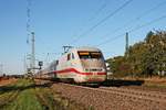 Am Nachmittag des 16.10.2019 fuhr 401 074-0  Zürich  über die Rheintalbahn durch den Haltepunkt von Auggen in Richtung Süden, als dieser auf dem Weg in die Schweiz war.