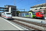 Von DB-Fahrzeugen  eingekesselt :  401 085-6 (Tz 185  Freilassing ) als ICE 376 (Linie 20) von Interlaken Ost (CH) nach Frankfurt(Main)Hbf (D) trifft auf die abgestellten Loks Re 485 014-5 der BLS