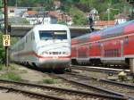 InterCityExpress 595 von Berlin Ostbahnhof nach Mnchen Hauptbahnhof ber Augsburg Hauptbahnhof, hat am 10.05.08 Einfahrt in den Bahnhof Ulm Hauptbahnhof.