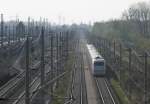 ICE auf der Strecke Berlin - Hannover in Hhe Wustermark Rbf. Links der Rangierbahnhof Wustermark mit dem Stellwerk Wmt auf dem Ablaufberg I