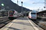Mit dem heutigen Fahrplanwechsel kommen nach längerer Zeit wieder ICE Züge von Hamburg und Frankfurt/M nach Chur.Links ein RE Dosto nach Zürich HB.Chur 13.12.15