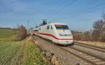 ICE 402 013-7  Nauen  ist am 10.01.2018 auf dem Weg in Richtung Nürnberg unterwegs,gesehen in Buchbrunn-Mainstockheim.