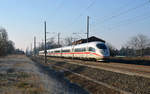 Der ICE 1535 fuhr am 20.01.19 auf dem Gegengleis durch Brehna Richtung Bitterfeld um die vorausfahrende S-Bahn zu überholen.