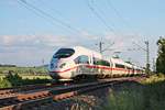 Als ICE 100 (Basel SBB - Dortmund Hbf) fuhr am Abend des 26.05.2020 der 403 060-7  Linz am Rhein  nördlich von Hügelheim über die Rheintalbahn durchs Markgräflerland in Richtung Freiburg (Breisgau).