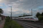 Nachschuss auf 403 017-7  Recklinghausen , als er am 28.05.2014 als ICE 100 (Basel SBB - Dortmund Hbf) mit einer weiteren 403 Einheit aus dem Banhof von Müllheim (Baden) gen Freiburg ausfuhr. Zuvor hielten die zwei 403er in Müllheim (Baden) um Reisende aussteigen zu lassen.