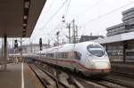 Die Einheiten 4707 mit 407 507-4 an der Spitze und 4708 kehren am 24.03.2015 von einer Messfahrt zurück und fahren soeben in den Hannoveraner Hauptbahnhof ein