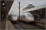 Der einfahrende ICE 103 von Hannover nach Basel (via Köln) begegnet in Mannheim dem von Paris Est auf die Abfahrt nach Frankfurt (Main) HBF wartenden ICE 9551.