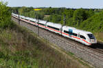Der für den Quereinstieg bei der DB werbende 812 085-0 (Tz 9485) am Morgen des 4. Mai 2026 bei Asbach.