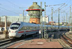 411 065/411 565 (Tz 1165  Bad Oeynhausen ) als ICE 1005 (Linie 29) von Berlin Gesundbrunnen nach München Hbf (Ersatz für ICE 3) erreicht Halle(Saale)Hbf auf Gleis 8 vor der Kulisse des