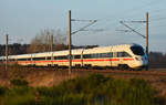 Nachschuss des ICE-T  Neustadt an der Weinstraße  411 001-1 in Richtung Hamburg unterwegs. 18.12.2017, 3km östlich von Büchen.