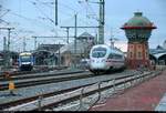 Nachschuss auf die Paralleleinfahrt in Halle(Saale)Hbf von 648 280-5 (Alstom Coradia LINT 41) von Transdev Sachsen-Anhalt (HarzElbeExpress) als HEX80411 (HEX 4) von Goslar nach Halle(Saale)Hbf und einer BR 411 als ICE 1538 (Linie 15) von Berlin Hbf (tief) nach Frankfurt(Main)Hbf. Aufgenommen von der Delitzscher Straße. [26.1.2018 | 16:14 Uhr]