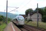 411 026-8  Leipzig  durchfährt am 11.07.2014 den Bahnhof von Kaulsdorf (Saale) seinen nächsten Halt in Saalfeld (Saale) entgegen. Weiter geht die Reise des ICE 1608 nach Hamburg-Altona.