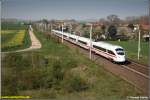 ICE 1543 ist am 24.04.08 bei Bornitz in der Nhe von Riesa auf seiner Fahrt nach Dresden unterwegs.