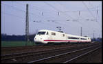 ICE 410001 auf Testfahrt bei Neubeckum Richtung Hamm am 9.4.1992.