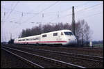 ICE 410001 auf Testfahrt bei Neubeckum Richtung Hamm am 9.4.1992.  Nachschuss!