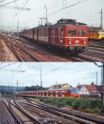 Ein Sprung auf die andere Neckarseite zum Bahnhof Stuttgart-Bad Cannstatt: Jahrzehntelang pr�gten die Triebwagen der Baureihe 465 das Bild des Stuttgarter Vorortverkehrs. Als die 465-Dreifachtraktion mit dem f�hrenden 465 024-8 im Mai 1978 dort eintrifft, liegen allerdings nur noch wenige Einsatzwochen vor ihnen. Mit der Aufnahme des S-Bahn-Betriebes zum Fahrplanwechsel wurden sie durch die Baureihe 420 (s. untere Aufnahme vom Fr�hjahr 2013) abgel�st. Auff�lligste �nderung ist die „Bahnhofsbegr�nung“ – ob aus Kostengr�nden oder �kologischen Gesichtspunkten sei mal dahingestellt…