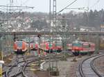 S-Bahn Fuhrpark der Stuttgarter S-Bahn. BR 423 und BR 420 am Betriebsbahnhof Plochingen. Aufgenommen am 21.03.08