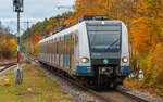 423 022 fährt bei herbstlichem Wetter in den Bahnhof Weil der Stadt ein.