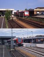 Bis zum 25.09.1975 mussten die Z�ge von Wendlingen nach Oberlenningen im Kirchheimer Kopfbahnhof die Richtung wechseln. Das �nderte sich erst mit der Er�ffnung des neuen Durchgangsbahnhofs am Stadtrand am 26.09.1975. Anfang der 2000er Jahre h�lt dort ein 650-Doppel. Im Rahmen der Umstellung auf den S-Bahn-Betrieb wurde der Bahnhof umgebaut. Das nach Oberlenningen f�hrende Gleis vor dem Empfangsgeb�ude wurde verk�rzt und der Bahnsteig verbreitet. Die nach Oberlenningen fahrenden Regio-Shuttle enden seitdem rechts au�erhalb des unteren Bildes, dadurch ist ein ein ebenerdiger Umstieg von der S 1 m�glich, wie die Aufnahme vom 31.03.2013 mit dem 423 806-9 zeigt.