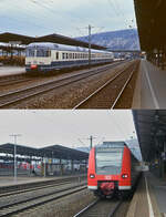 Sieht man einmal von den Fahrzeugen ab, hat sich in den vergangenen 28 Jahren nicht allzu viel an den Bahnanlagen im Bahnhof Plochingen ge�ndert: Auf der oberen Aufnahme steht der 427 105 im Februar 1985 im Bahnhof Plochingen zur Abfahrt bereit. 5 Exemplare dieser Baureihe stellte die DB 1964 in Dienst, die 21 Jahre im Gro�raum Stuttgart im Einsatz waren und 1985 abgestellt wurden. Darunter ist der 425 802-6 am 29.03.2013 mit einem RE nach Stuttgart eingetroffen.
