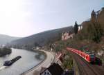 Schiff und Bahn vereint vor der Kulisse von Schloss Zwingenberg im Neckartal am 25.03.2011
