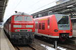 Zwei Regionalzüge im Nebel. DB 218 495-0 kurz vor der Abfahrt nach Neustadt (Schwarzwald) und DB 425 804-2 kurz nach der Ankunft aus Stuttgart Hbf. Aufgenommen in Rottweil am 31.03.2013