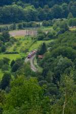 Blick von Dilsberg ins Neckartal auf einen mir unbekannten 425 auf der Kbs 705 in Richtung Kleingemünd.19.8.2014