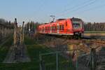Rot statt blau (|) - Der am 23.03.2022 noch nicht blau folierte 426 537-7 der Bodensee-Oberschwaben-Bahn befindet sich kurz vor Meckenbeuren als RB 91 / 87589 auf der Fahrt von Ravensburg nach Friedrichshafen Stadt