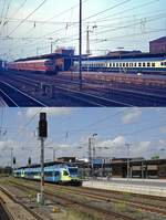 Ein Blick von Westen auf den Bahnhof Rheine im Februar 1975 und am 29.07.2021: Zwar waren wie auf dem oberen Bild Triebwagen der Baureihe 624/634 sowohl auf der Emslandbahn als auch nach Coesfeld anzutreffen, dennoch herrschten lokomotivbespannte Züge in Rheine vor. Heute ist es umgekehrt: Von den IC abgesehen, prägen elektrische Triebwagen das Bild, hier der Eurobahn-ET 8.13 als RB 65 nach Münster.