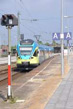 RHEINE (Kreis Steinfurt), 19.05.2013, ET 008 als RB 65 nach Münster/Westf. Hbf an Gleis 3; wg. Bauarbeiten am Bahnsteig erfolgt der Einstieg im vorderen Teil des Bahnsteigs